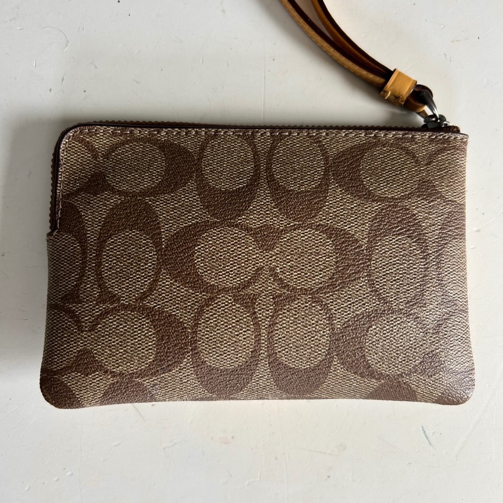 Coach Corner Zip Wristlet Signature Canvas Brown Ochre Yellow F58035 - Picture 7 of 10